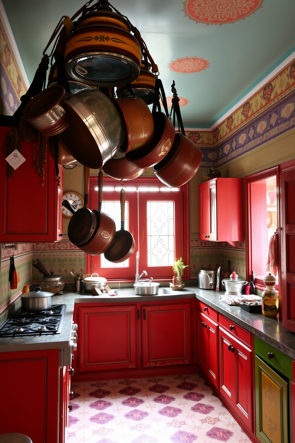 A compact kitchen designed with efficiency in mind features a foldable dining table that seamlessly integrates into the space. The cabinetry showcases a warm wood finish, while vibrant Indian textiles add a pop of color to the decor.