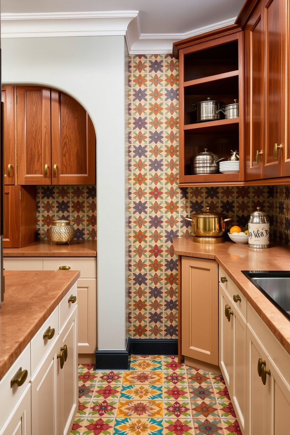 A vibrant Indian kitchen design featuring colorful ceramic tiles that create a lively atmosphere. The cabinets are a rich wood finish, complemented by brass handles and open shelving displaying traditional cookware.