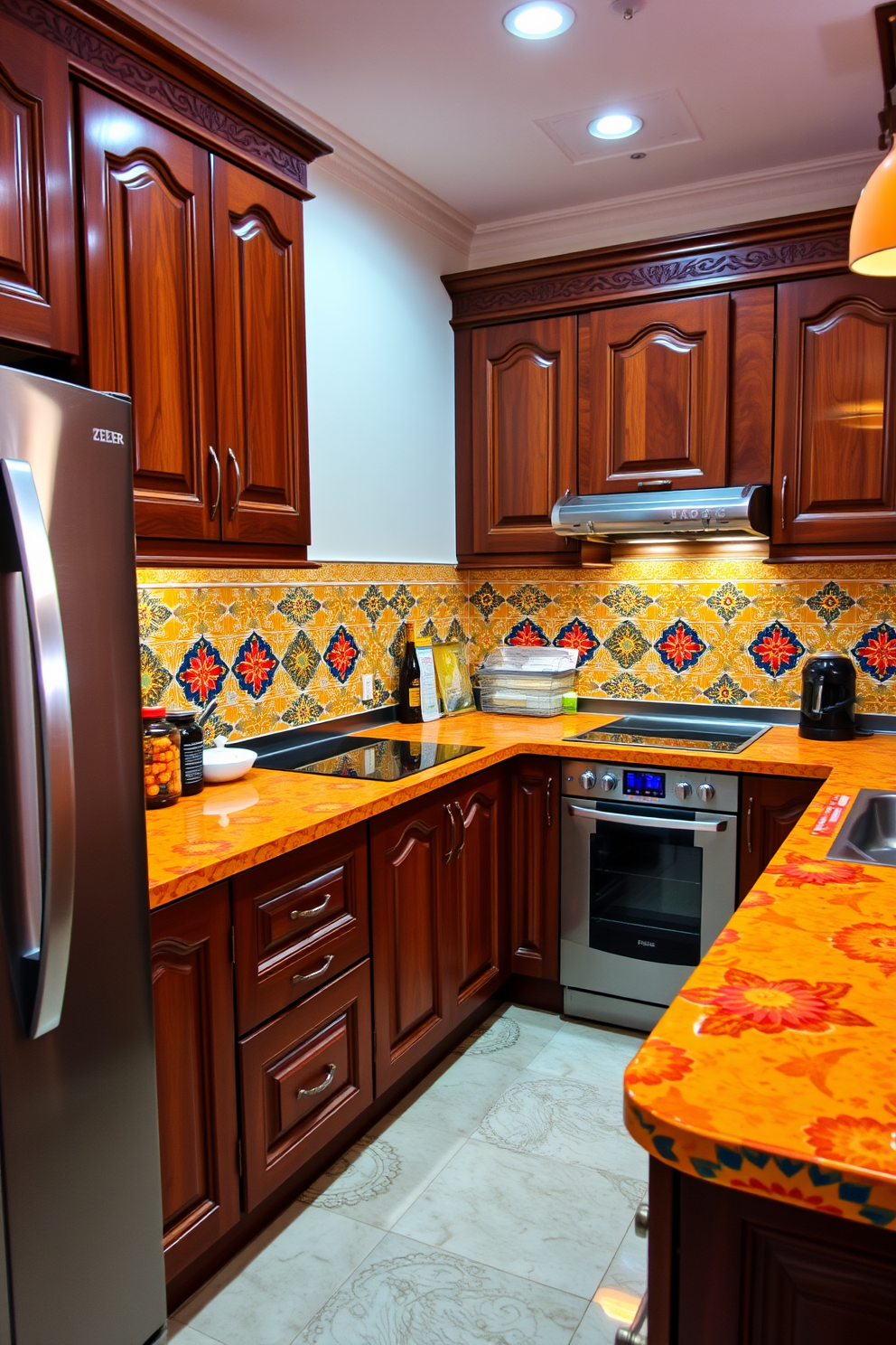 A vibrant Indian kitchen featuring smart appliances that enhance modern convenience. The space includes a sleek refrigerator with a touch screen, a smart oven with voice control, and a stylish induction cooktop integrated into a colorful countertop. The cabinets are crafted from rich wood with intricate carvings, showcasing traditional Indian design elements. Brightly colored tiles line the backsplash, while ambient lighting illuminates the kitchen, creating a warm and inviting atmosphere.