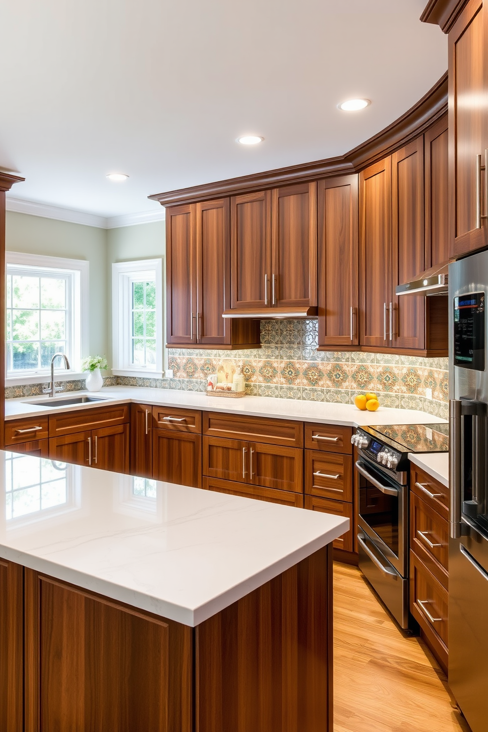 An L-shaped kitchen featuring a spacious layout that promotes optimal workflow. The cabinetry is a rich walnut finish with sleek stainless steel handles, complemented by a large island in the center topped with white quartz. The backsplash showcases vibrant Indian tile patterns, adding a cultural touch to the design. Stainless steel appliances are seamlessly integrated, while a cozy breakfast nook is positioned by a window, bathed in natural light.