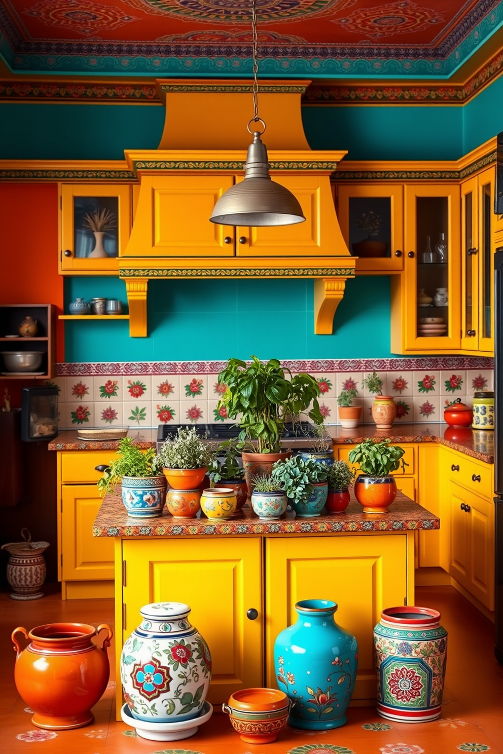 A vibrant Indian kitchen featuring bright color palettes that evoke a lively ambiance. The walls are adorned with bold hues of orange and turquoise, complemented by intricate traditional patterns. A spacious island in the center showcases a mix of colorful ceramic pots filled with fresh herbs. The cabinetry is painted in a cheerful yellow, while decorative tiles with floral motifs line the backsplash, adding to the kitchen's energetic vibe.