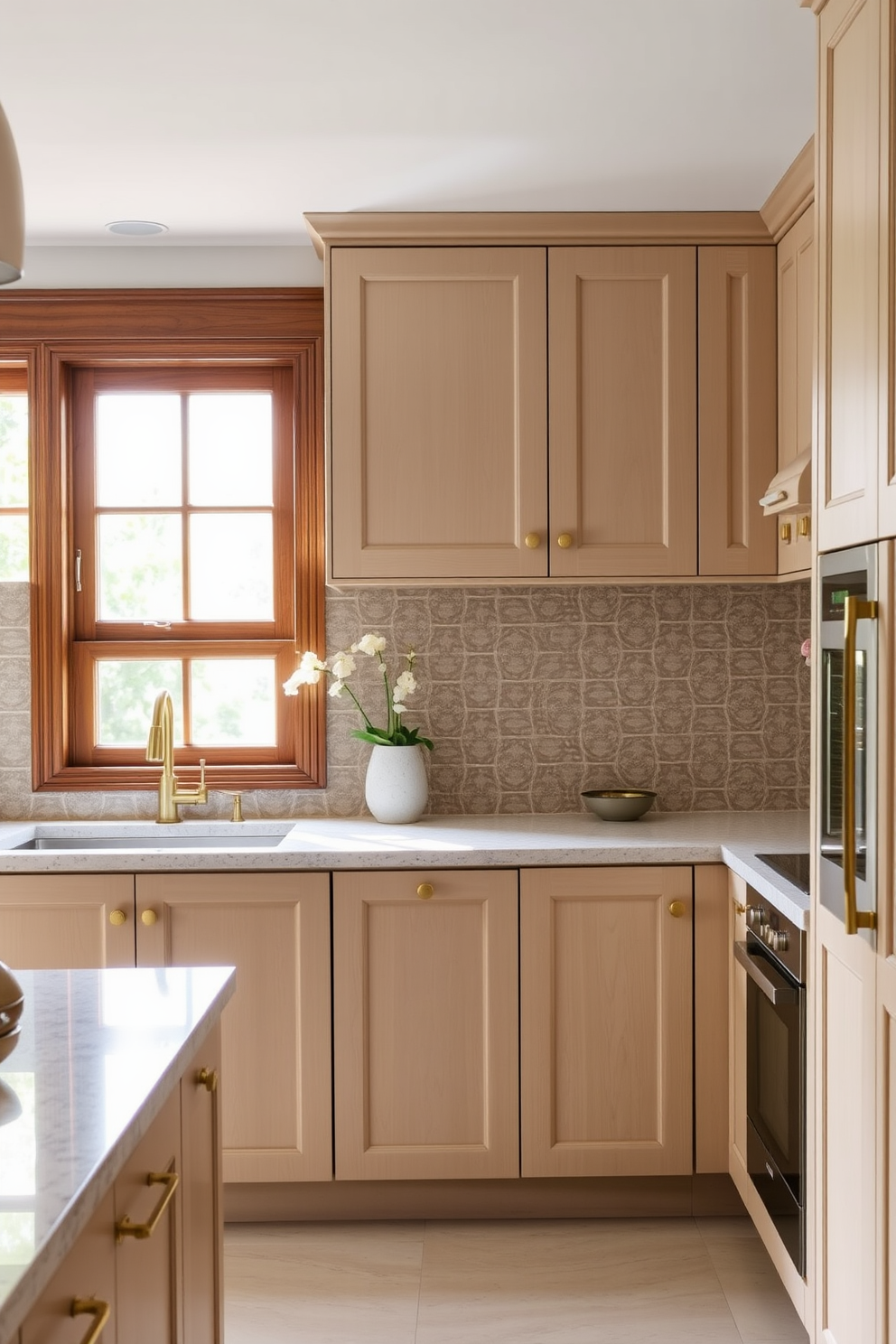 A serene Indian kitchen design featuring neutral tones to create a calming atmosphere. The cabinetry is a soft beige with elegant brass handles, complemented by a light-colored granite countertop. The backsplash is adorned with intricate tile work in muted earth tones, adding a touch of traditional flair. Natural light floods the space through a large window, highlighting the warm wooden accents throughout the kitchen.