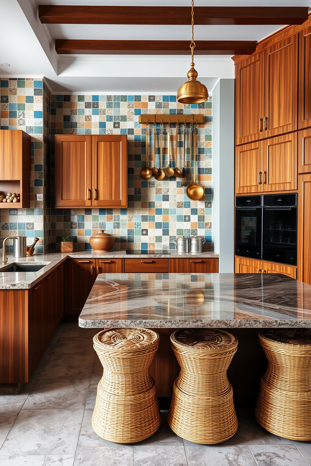 A vibrant Indian kitchen setting with a mix of textures for a layered effect. The walls are adorned with colorful tiles, while the cabinetry features a rich wooden finish complemented by brass hardware. A large island in the center showcases a polished granite countertop, surrounded by woven rattan stools. Traditional brass utensils hang on the wall, adding a cultural touch to the modern design.