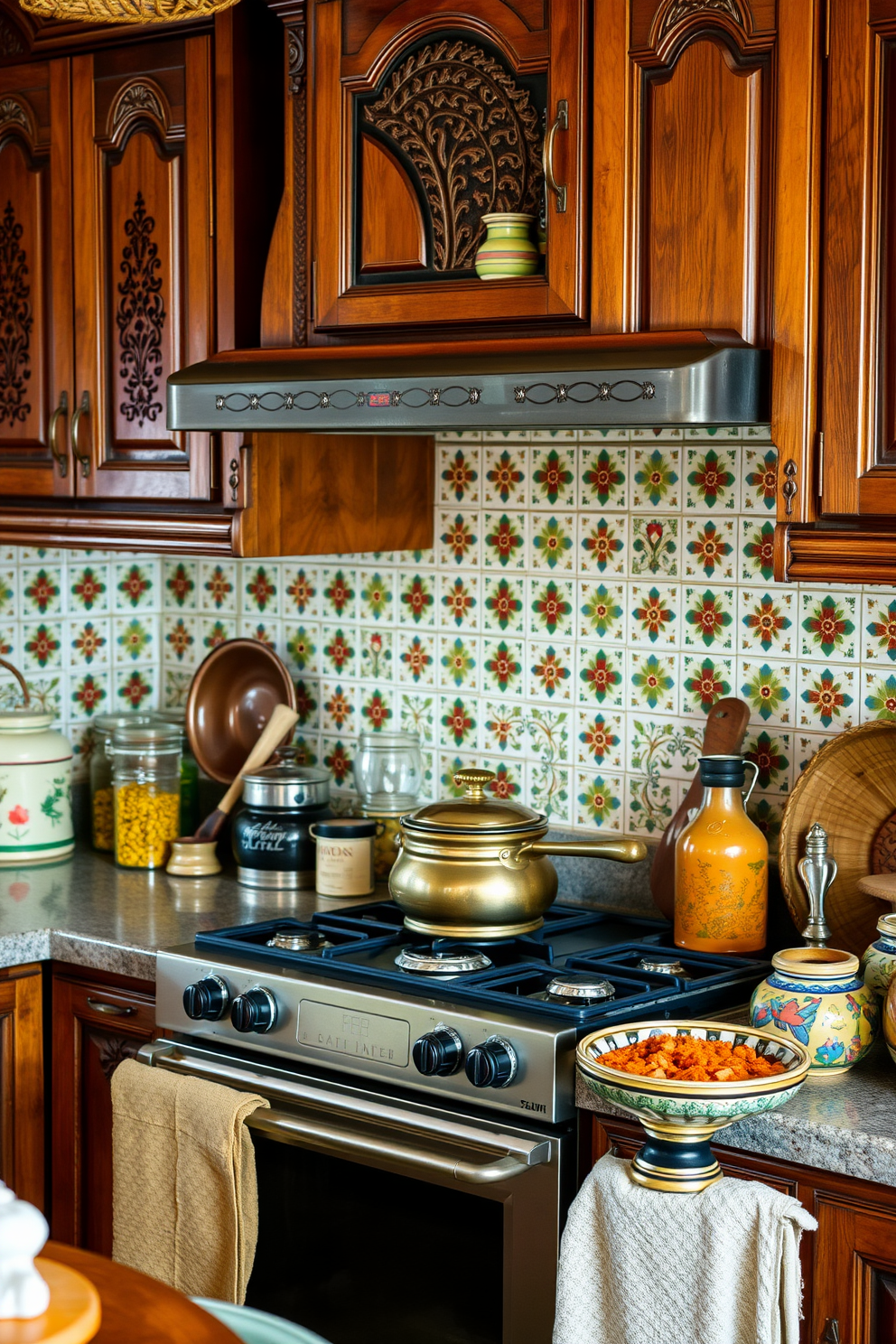 A warm and inviting Indian kitchen featuring vintage decor elements that evoke a sense of nostalgia. The space includes intricate wooden cabinets with ornate carvings and colorful ceramic tiles adorning the backsplash. A traditional brass pot sits on the stove, surrounded by an array of spices in decorative jars. Soft, ambient lighting highlights the rich textures of the woven baskets and hand-painted pottery throughout the kitchen.