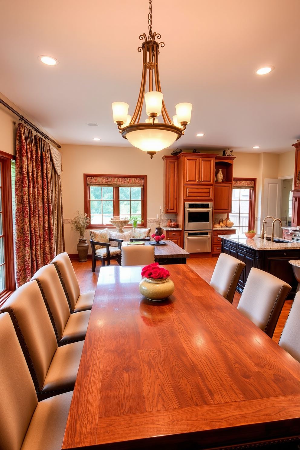 A warm and inviting integrated dining area features a large wooden table surrounded by comfortable upholstered chairs. Soft lighting from a stylish chandelier creates a cozy atmosphere, while large windows allow natural light to fill the space. In the Indian kitchen, vibrant colors and intricate patterns adorn the cabinetry and backsplash. A spacious island with a granite countertop serves as a central gathering spot, complemented by traditional cooking utensils and decorative elements reflecting Indian culture.