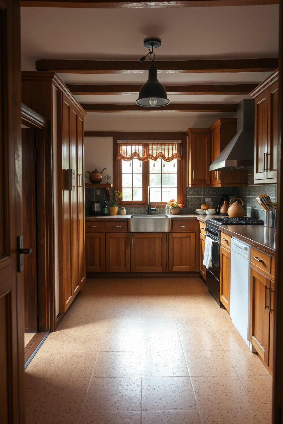 A spacious Indian kitchen featuring high ceilings adorned with elegant hanging pendant lights. The cabinetry is a rich wood finish, complemented by intricate tile work and vibrant colors that reflect traditional Indian aesthetics.