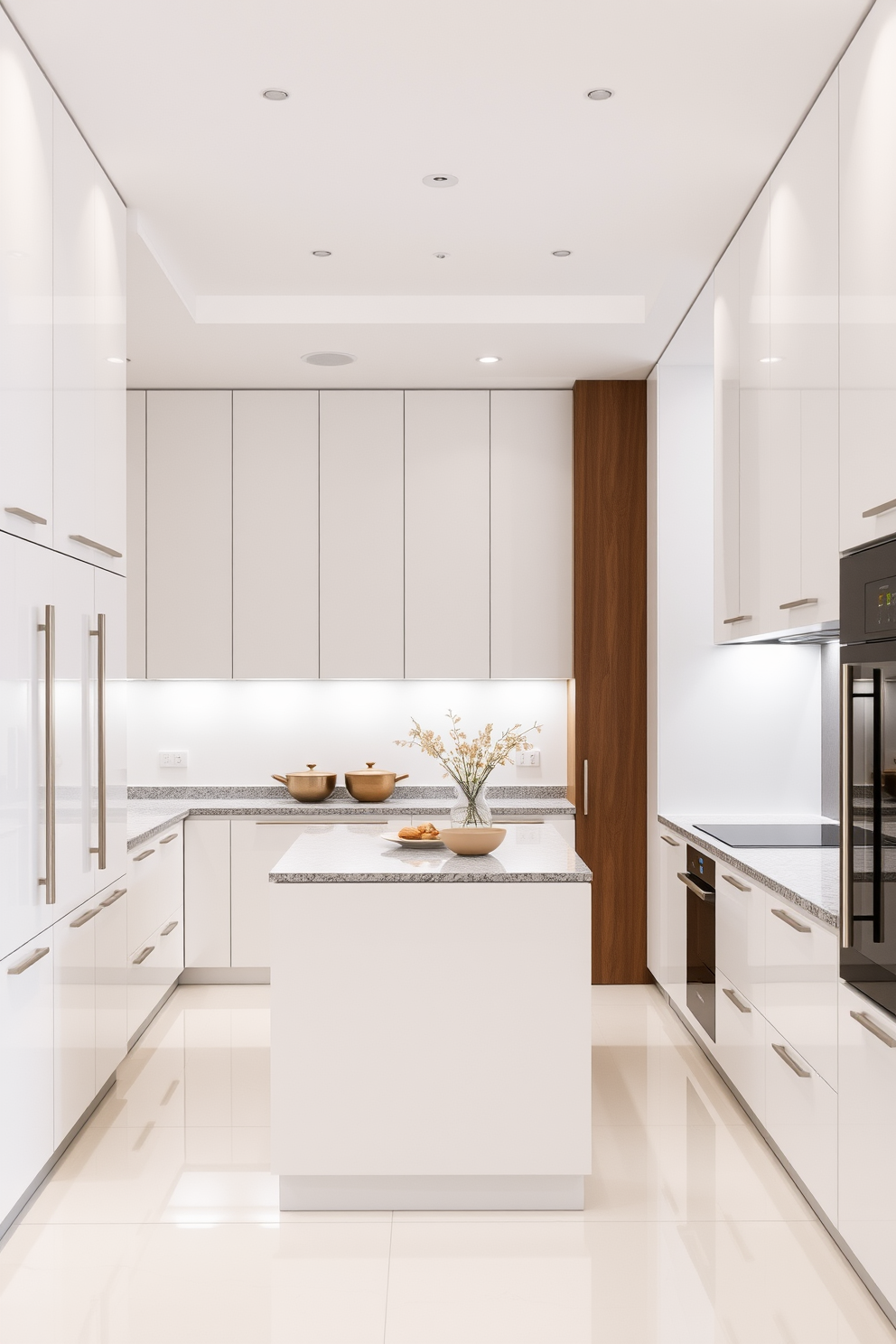 An Indian kitchen featuring integrated appliances for a seamless look. The cabinetry is finished in a rich wood tone, blending harmoniously with the sleek stainless steel appliances.