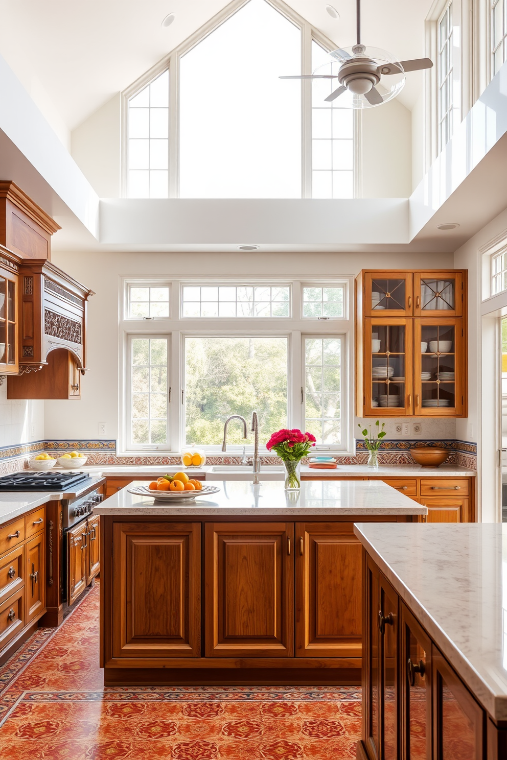 A bright and airy Indian kitchen featuring large windows that allow natural light to flood the space. The design includes traditional wooden cabinetry with intricate carvings, a spacious island in the center, and vibrant tiles that add a splash of color to the walls.