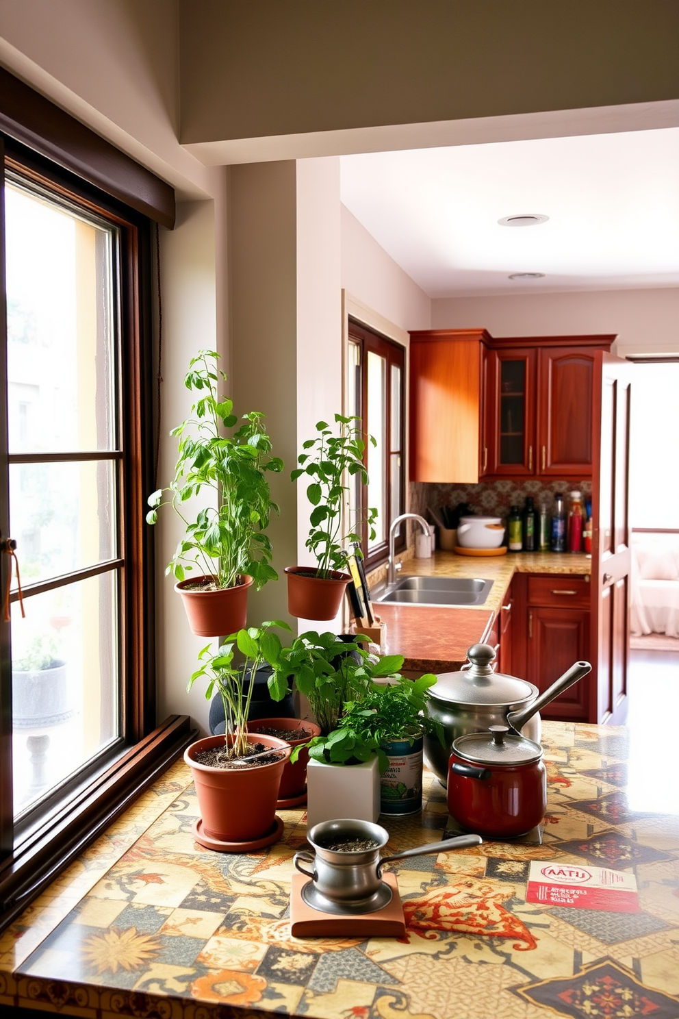 A vibrant Indian kitchen filled with natural light features a dedicated herb garden near the window. The garden includes pots of fresh basil, coriander, and mint, enhancing the cooking experience with fresh ingredients. The kitchen showcases traditional Indian design elements with rich wooden cabinets and colorful tile backsplashes. A spacious countertop is adorned with a mix of spices and cooking utensils, creating an inviting atmosphere for culinary creativity.