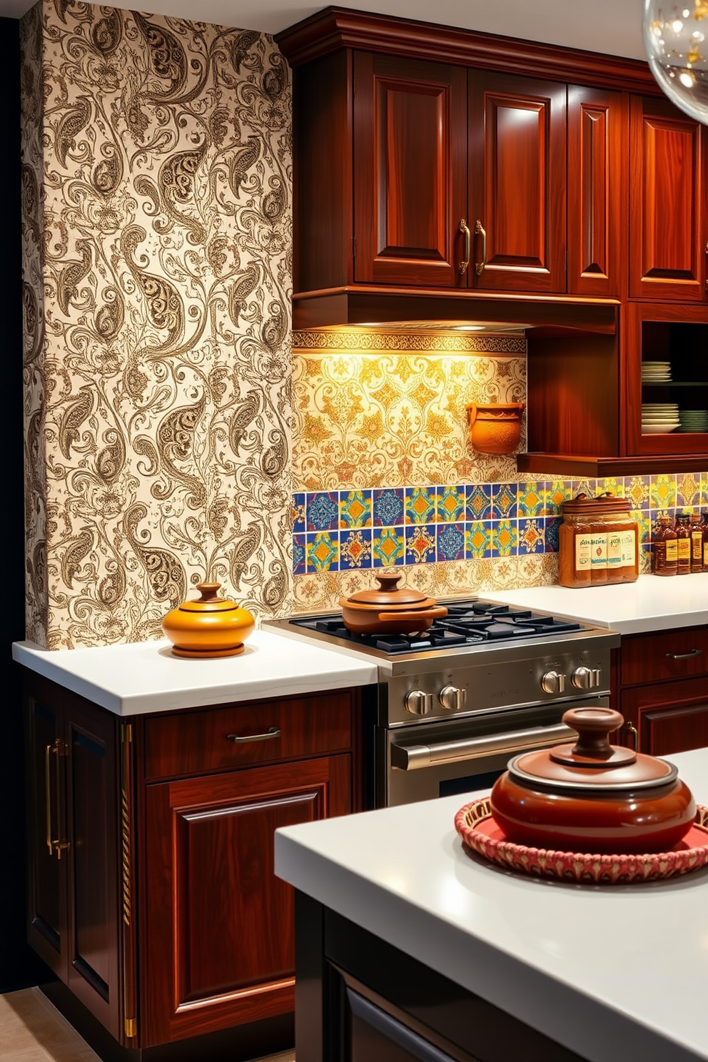 A vibrant Indian kitchen featuring an accent wall adorned with intricate paisley wallpaper. The cabinetry is a rich mahogany, complemented by brass hardware, while the countertops are a sleek white quartz. The cooking area showcases traditional clay pots and spices displayed on open shelves. Warm lighting highlights the colorful tiles that line the backsplash, adding a cozy atmosphere to the space.