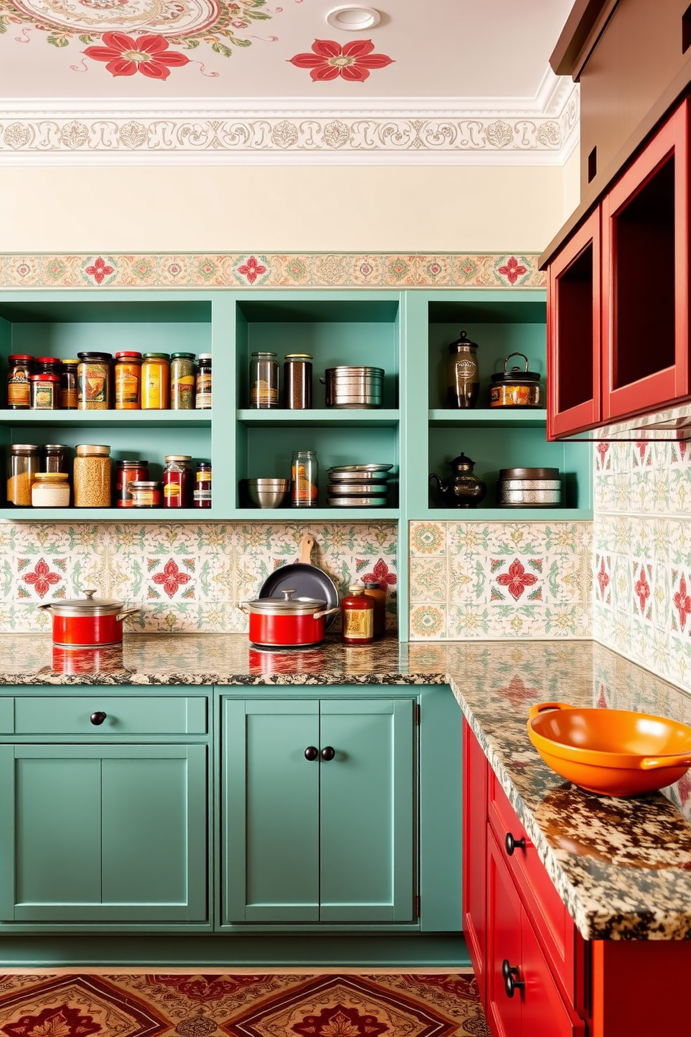 A vibrant Indian kitchen design featuring open shelves that showcase colorful spices and traditional cookware. The walls are adorned with intricate tile patterns, and the countertops are made of polished granite, adding a touch of elegance to the space.