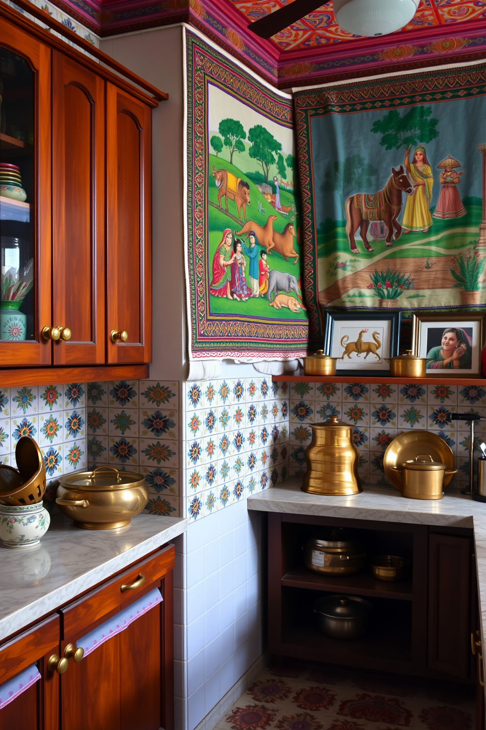 A vibrant Indian kitchen filled with cultural artwork that reflects traditional craftsmanship. The walls are adorned with colorful hand-painted tiles featuring intricate motifs, and a large tapestry depicting a rural Indian scene hangs prominently. The cabinetry showcases rich wooden finishes, complemented by brass handles that add a touch of elegance. A collection of brass pots and pans is displayed on open shelves, alongside framed artwork celebrating Indian heritage.