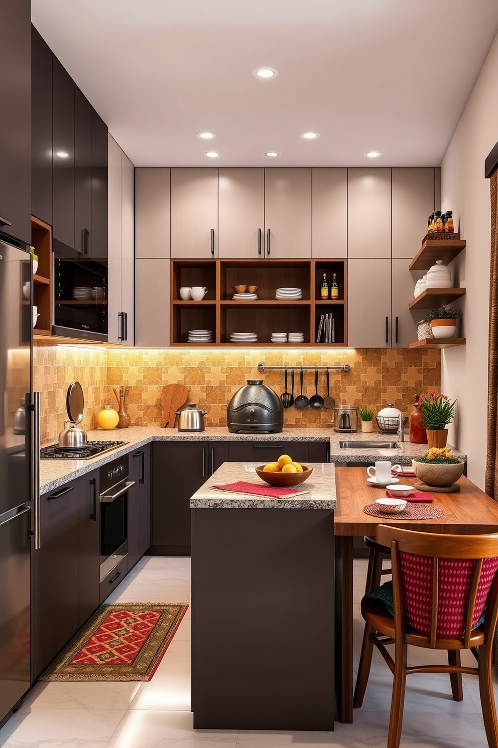 An L-shaped kitchen featuring ample storage solutions with sleek cabinetry and a spacious island at the center. The countertops are made of polished granite, and the backsplash showcases vibrant tiles that reflect traditional Indian patterns.