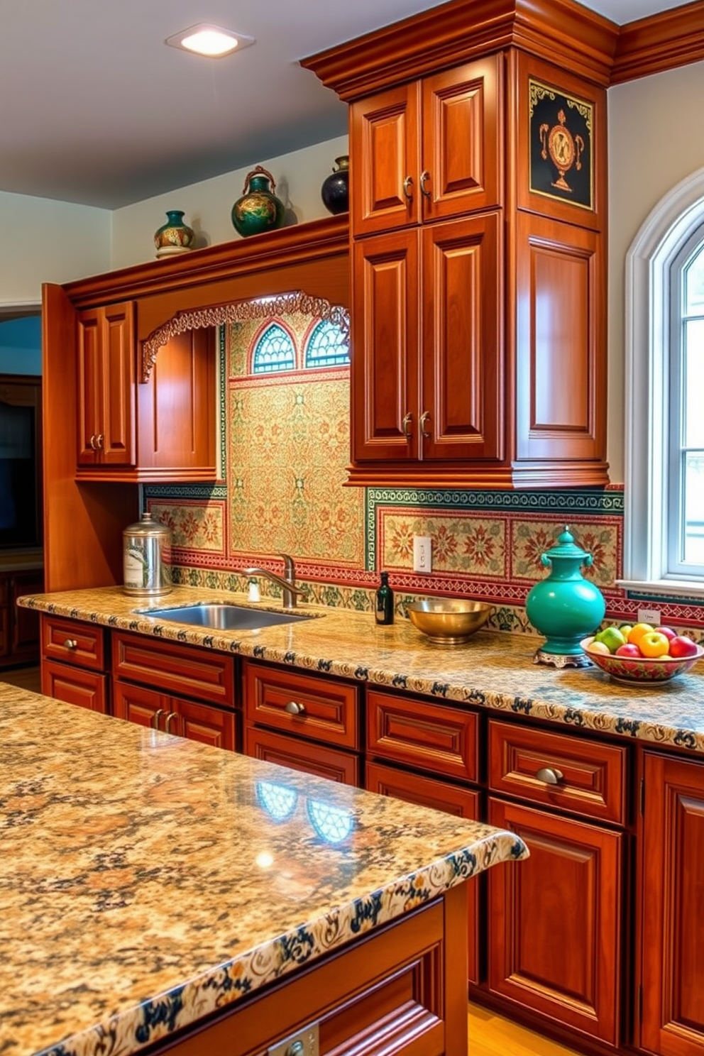 A vibrant Indian kitchen featuring granite countertops that blend durability with style. The space showcases rich wooden cabinets, intricate tile work, and colorful accents that reflect traditional Indian aesthetics.