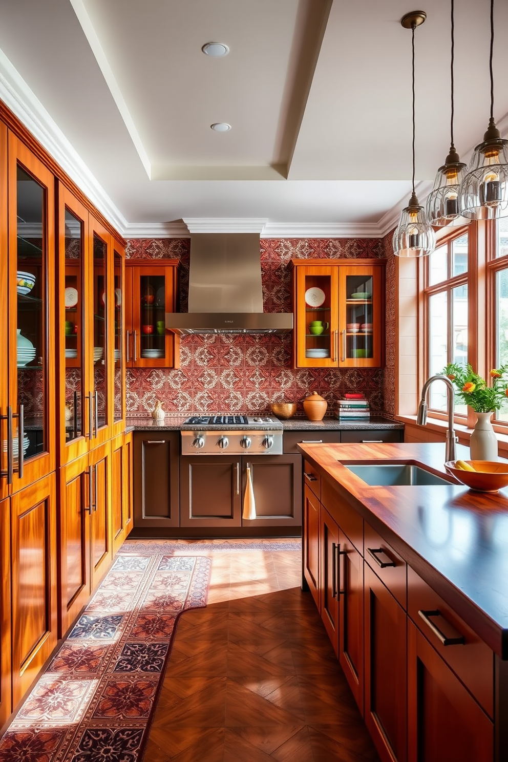 A vibrant Indian kitchen featuring glass-front cabinets that showcase colorful dishware. The cabinets are paired with sleek, modern hardware and a spacious island with a rich wooden countertop. The walls are adorned with intricate tile work that reflects traditional Indian patterns. Natural light floods the space through large windows, enhancing the warm tones of the cabinetry and flooring.