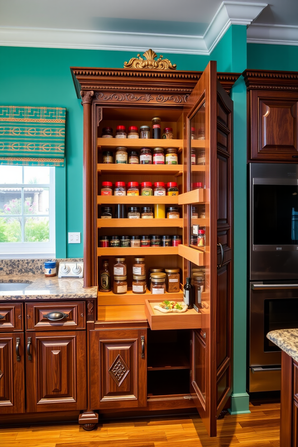 A vibrant Indian kitchen featuring spice racks seamlessly integrated into the cabinetry. The cabinetry is made of rich wood with intricate carvings, and the spice racks are easily accessible, showcasing colorful jars of spices.