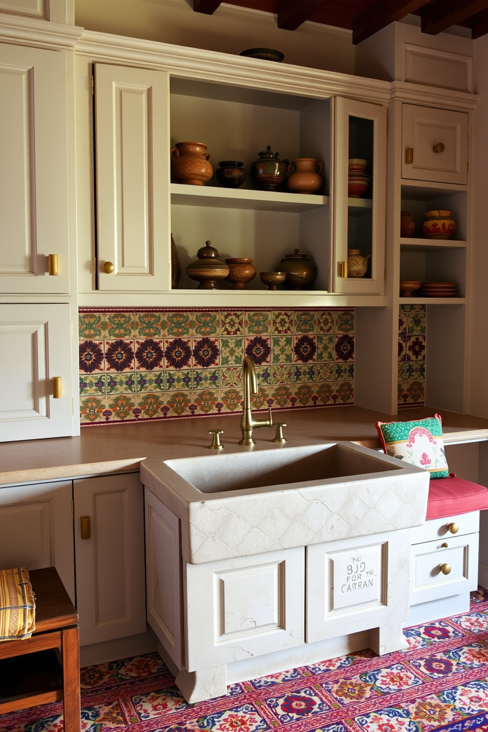 A warm and inviting Indian kitchen featuring a large farmhouse sink made of natural stone. The cabinetry is painted in a soft pastel hue, complemented by brass hardware and open shelving displaying traditional pottery. The countertops are adorned with intricate tile work, showcasing vibrant colors and patterns typical of Indian design. A cozy breakfast nook with wooden benches and colorful cushions adds to the charm of this rustic kitchen space.