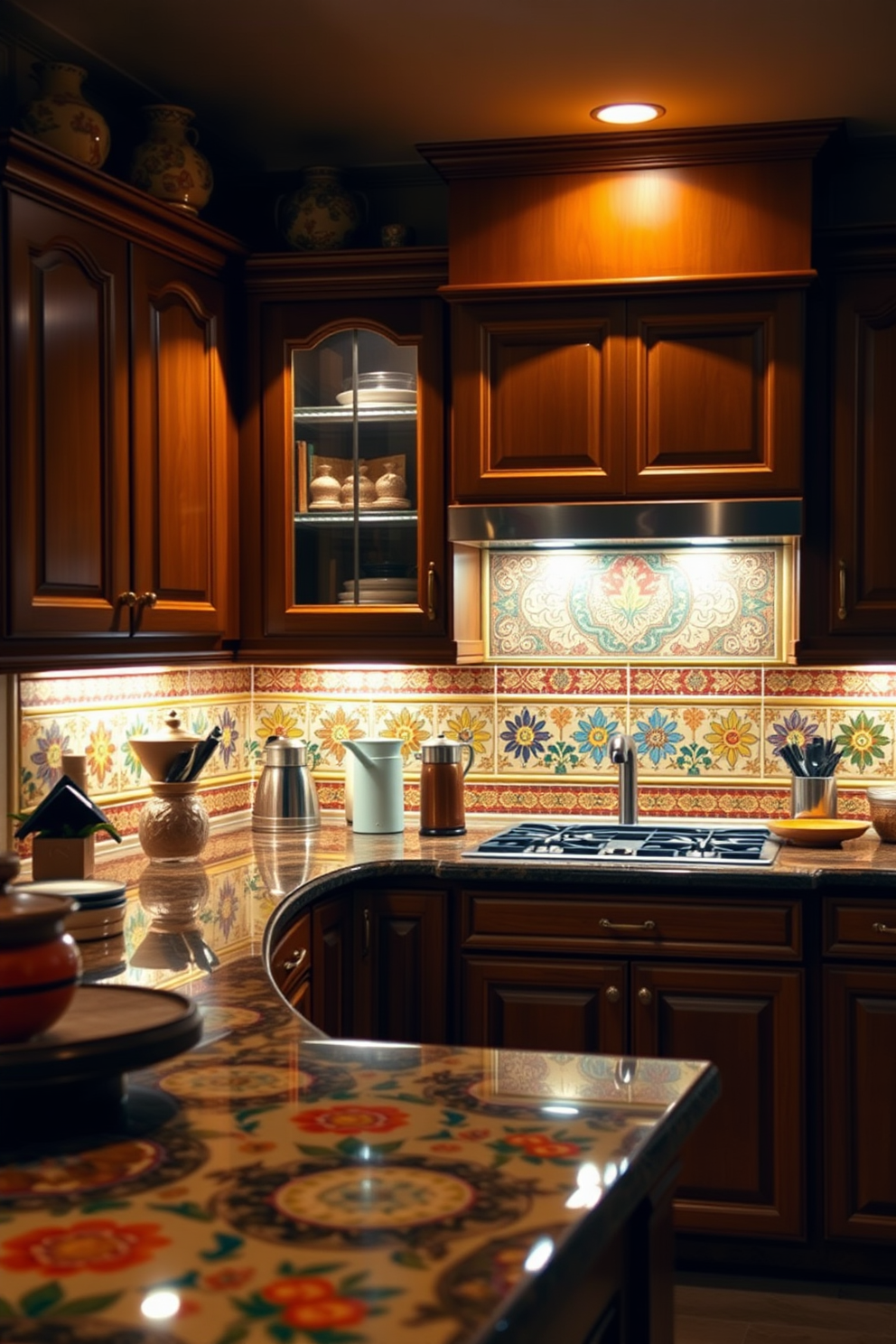 A warm and inviting Indian kitchen features under-cabinet lighting that enhances visibility and creates a cozy ambiance. The cabinets are made of rich wood, and the countertops are adorned with vibrant, colorful tiles that reflect traditional Indian patterns.