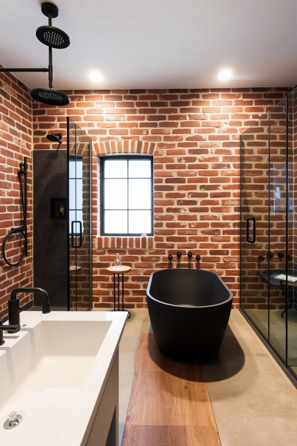 A rustic bathroom featuring exposed brick walls that add warmth and character to the space. The room includes a freestanding soaking tub beneath a large window, with industrial-style light fixtures hanging from the ceiling. A metal-framed shower with glass doors complements the overall design, providing a modern touch. The floor is adorned with reclaimed wood tiles, enhancing the rustic aesthetic while maintaining a cozy atmosphere.