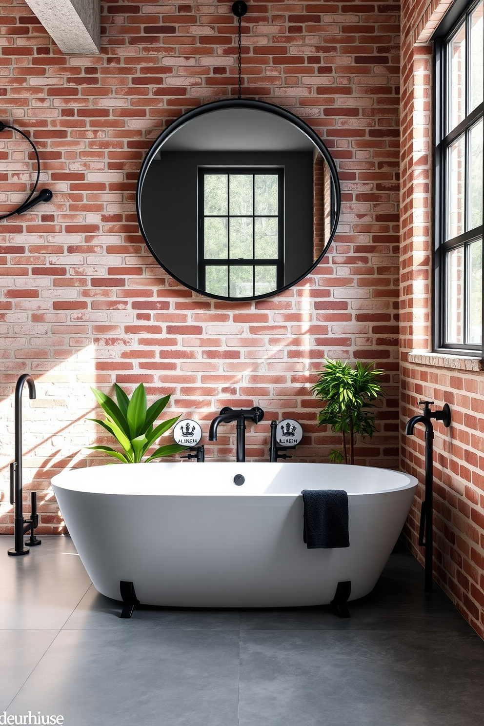 A spacious industrial bathroom features a glass shower enclosure that enhances the sense of openness. The walls are adorned with exposed brick, and the flooring is a polished concrete that complements the modern aesthetic. Sleek metal fixtures and a minimalist black vanity add to the industrial charm. Large windows allow natural light to flood the space, creating a bright and inviting atmosphere.