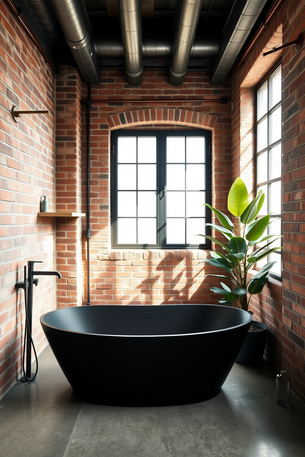 A rustic bathroom setting features a wooden vanity with a distressed finish that adds warmth to the space. The walls are adorned with exposed brick, and large metal fixtures provide an industrial touch. In this design, a freestanding bathtub sits against a backdrop of reclaimed wood paneling. The floor is made of polished concrete, and pendant lights with Edison bulbs hang from the ceiling, enhancing the industrial aesthetic.