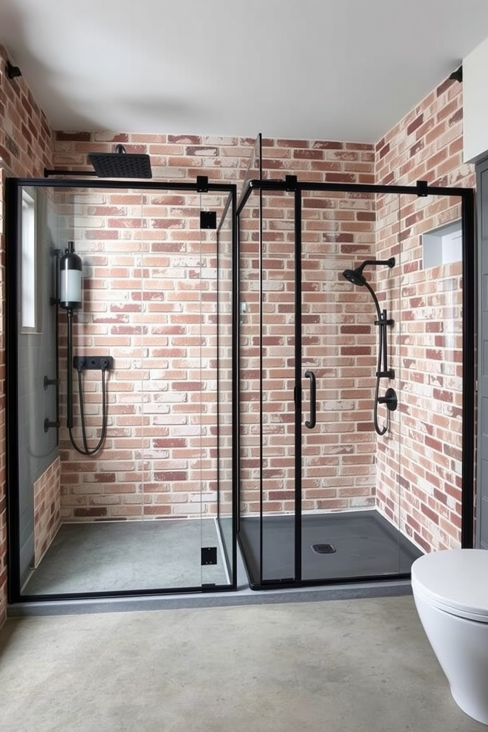 A striking industrial bathroom featuring geometric tile patterns that add visual interest to the space. The walls are adorned with dark gray tiles while the floor showcases a bold black and white geometric design. The room includes a sleek metal-framed shower with clear glass doors and a rainfall showerhead. A rustic wooden bench sits near the entrance, providing both functionality and aesthetic appeal.