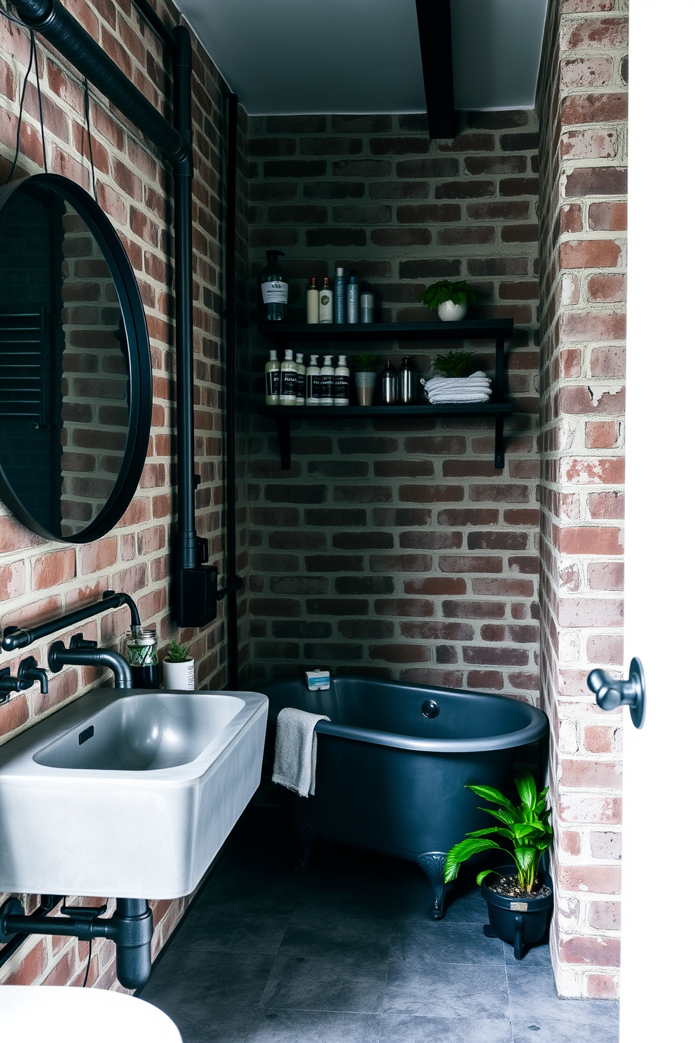 A striking industrial bathroom featuring exposed plumbing that adds an authentic touch. The space showcases a concrete sink with raw metal fixtures and a large round mirror with a black frame, enhancing the industrial aesthetic. The walls are adorned with distressed brick, complemented by dark wood shelving displaying neatly arranged toiletries. A vintage-style freestanding bathtub sits in the corner, surrounded by potted plants that introduce a hint of greenery.