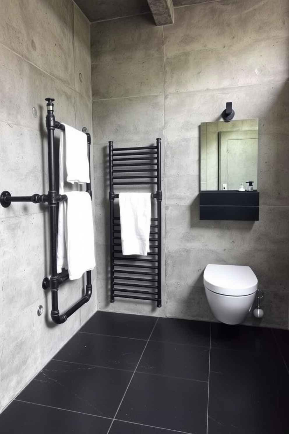 A striking industrial bathroom featuring reclaimed wood accents for an eco-friendly touch. The walls are adorned with exposed brick, and a large reclaimed wood vanity contrasts beautifully with the sleek metal fixtures. A freestanding tub made of cast iron sits against a backdrop of dark slate tiles. Above the tub, a large window allows natural light to flood the space, highlighting the rustic charm of the reclaimed wood shelving.