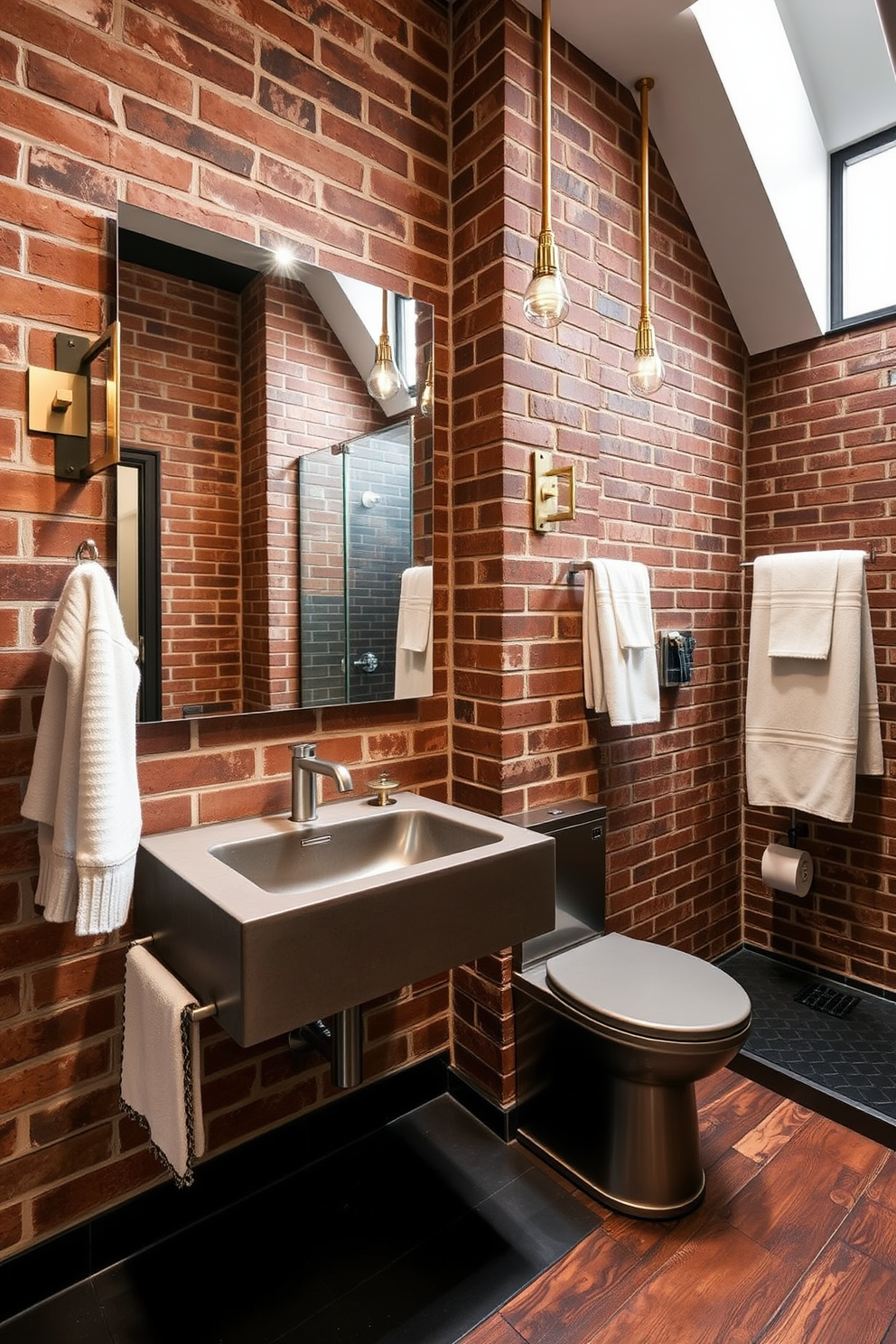 A stylish industrial bathroom featuring pipe racks for towel storage. The walls are exposed brick with a matte black finish, and the floor is covered in large gray tiles.