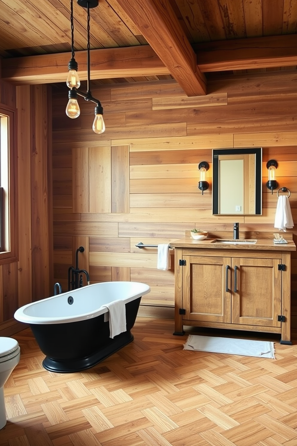 A rustic bathroom featuring wood accents throughout the space. The walls are adorned with reclaimed wood panels and a wooden beam runs across the ceiling. A freestanding tub made of cast iron sits on a herringbone wood floor. Industrial-style light fixtures with exposed bulbs hang above, adding a touch of modernity. A large wooden vanity with a distressed finish complements the rustic theme. Metal pipes serve as towel holders, blending industrial elements with the warm wood accents.