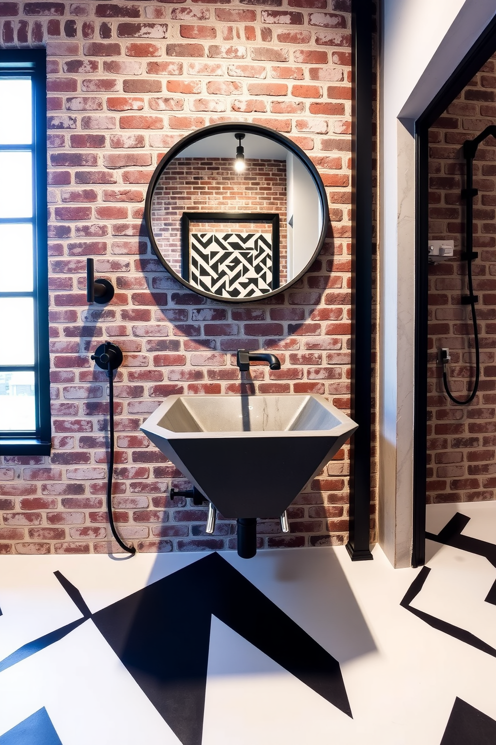 A striking industrial bathroom featuring black matte finishes throughout. The space includes a large freestanding tub with a matte black faucet and sleek lines, complemented by a black tiled walk-in shower with glass doors. Exposed pipes and a concrete wall add to the industrial aesthetic, while a wooden shelf holds neatly rolled towels. A round mirror with a black frame hangs above a minimalist black vanity, enhancing the sophisticated vibe of the room.