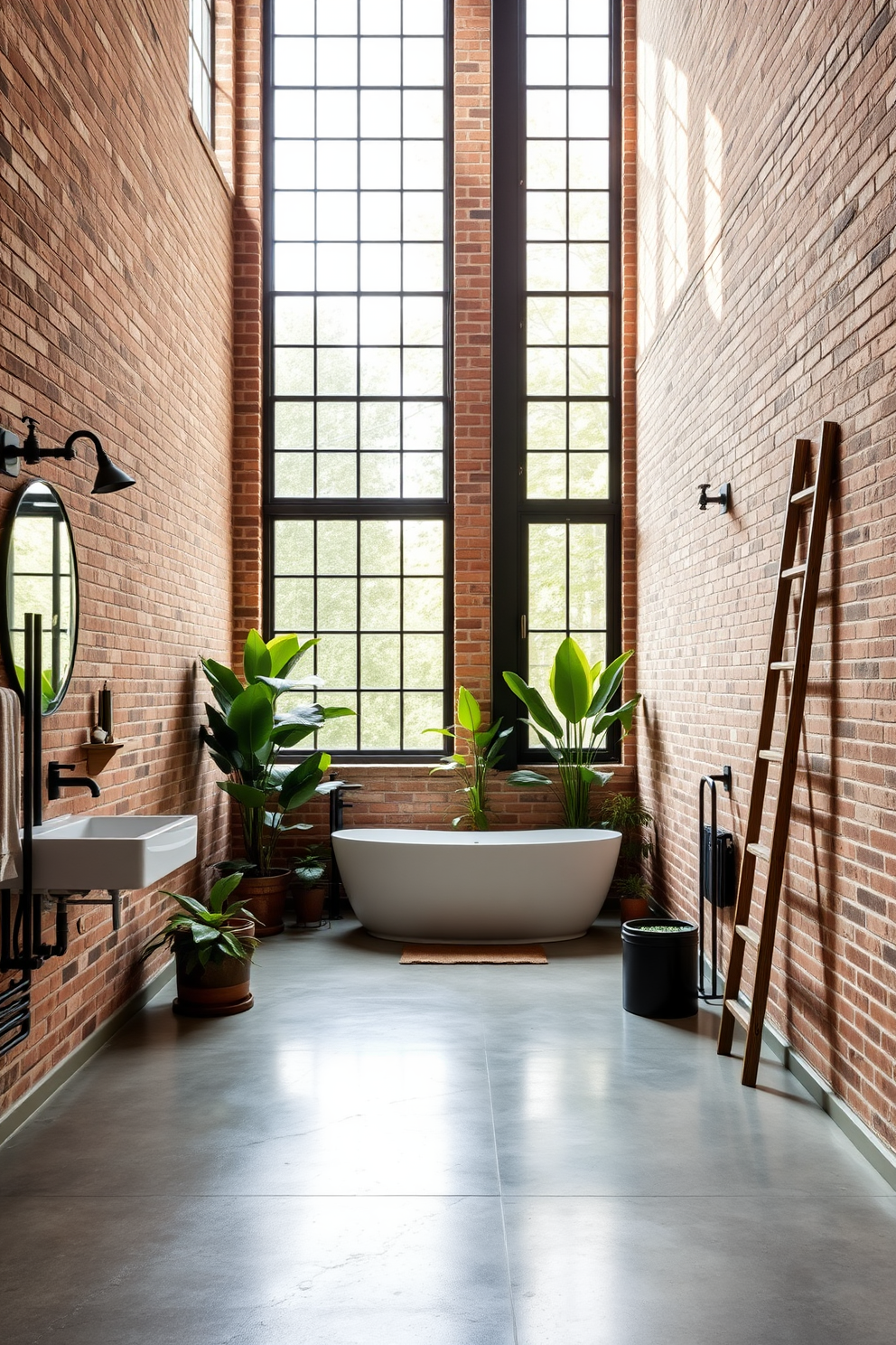 A spacious industrial bathroom with large windows that allow natural light to flood the space. The walls are exposed brick, and the floor features polished concrete for a sleek, modern look. A freestanding bathtub sits beneath the windows, surrounded by potted plants for a touch of greenery. Industrial-style fixtures in matte black complement the overall aesthetic, while a wooden ladder serves as a towel rack.