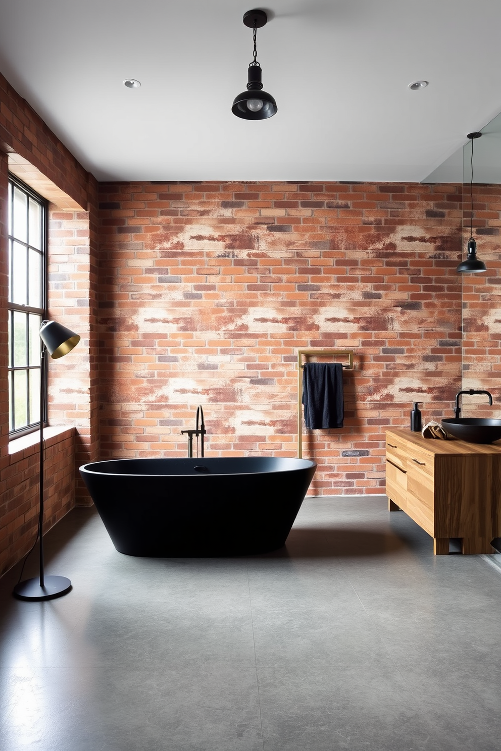 A contemporary industrial bathroom featuring exposed brick walls and polished concrete flooring. The centerpiece is a freestanding black soaking tub with a matte finish, complemented by a sleek metal floor lamp nearby. Incorporate a rustic wooden vanity with a vessel sink made of raw stone. Industrial-style lighting fixtures hang from the ceiling, casting a warm glow over the space.