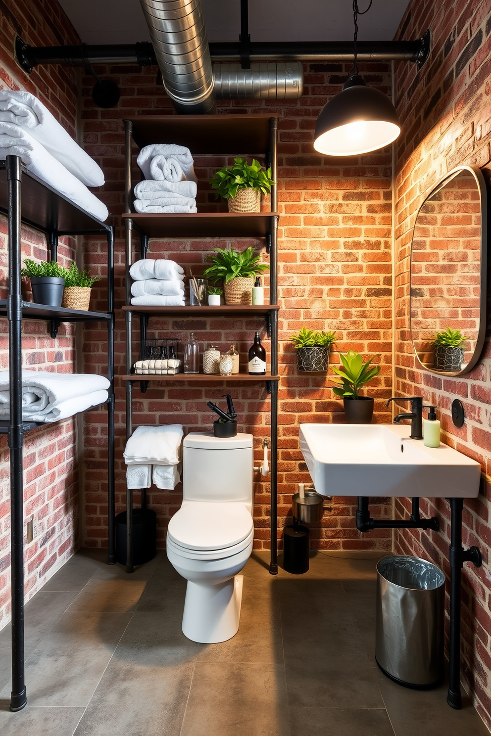 A striking industrial bathroom design featuring metal pipe shelving as the focal point for storage solutions. The shelves are lined with neatly arranged towels, plants, and decorative items, enhancing the space's functionality and style. The walls are exposed brick, adding a raw, urban feel to the environment. The flooring consists of large concrete tiles, complementing the industrial aesthetic while providing a sleek and modern touch.