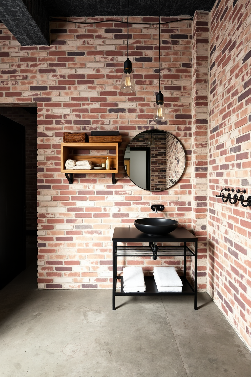 An industrial bathroom design featuring exposed piping and concrete walls. The space includes a large metal-framed mirror above a sleek black sink with industrial-style faucets for functionality. The flooring is a mix of reclaimed wood and large concrete tiles, creating a unique texture contrast. A vintage ladder serves as a towel rack, adding character and practicality to the design.