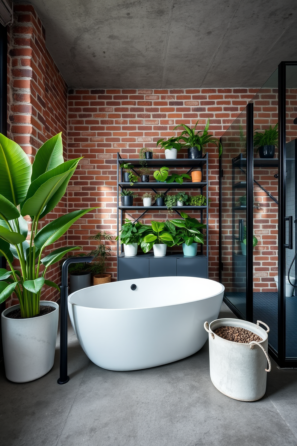 A striking industrial bathroom featuring exposed brick walls and polished concrete floors. Large potted plants are strategically placed to add a touch of greenery, creating a refreshing contrast against the raw materials. The space includes a freestanding bathtub with a matte black faucet and a sleek glass shower enclosure. Metal shelving units display an array of plants, enhancing the urban aesthetic while providing a vibrant focal point.