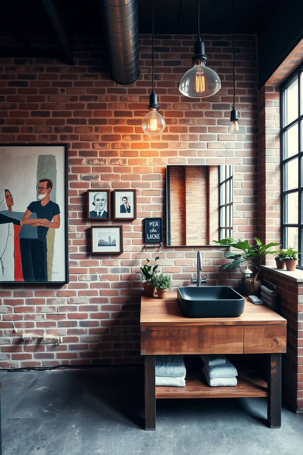 A striking industrial bathroom featuring exposed brick walls and concrete flooring. Hanging plants cascade from metal shelves, adding a vibrant touch of greenery to the space. The centerpiece is a freestanding tub with a sleek, modern faucet. Vintage-style light fixtures illuminate the room, enhancing the industrial aesthetic.