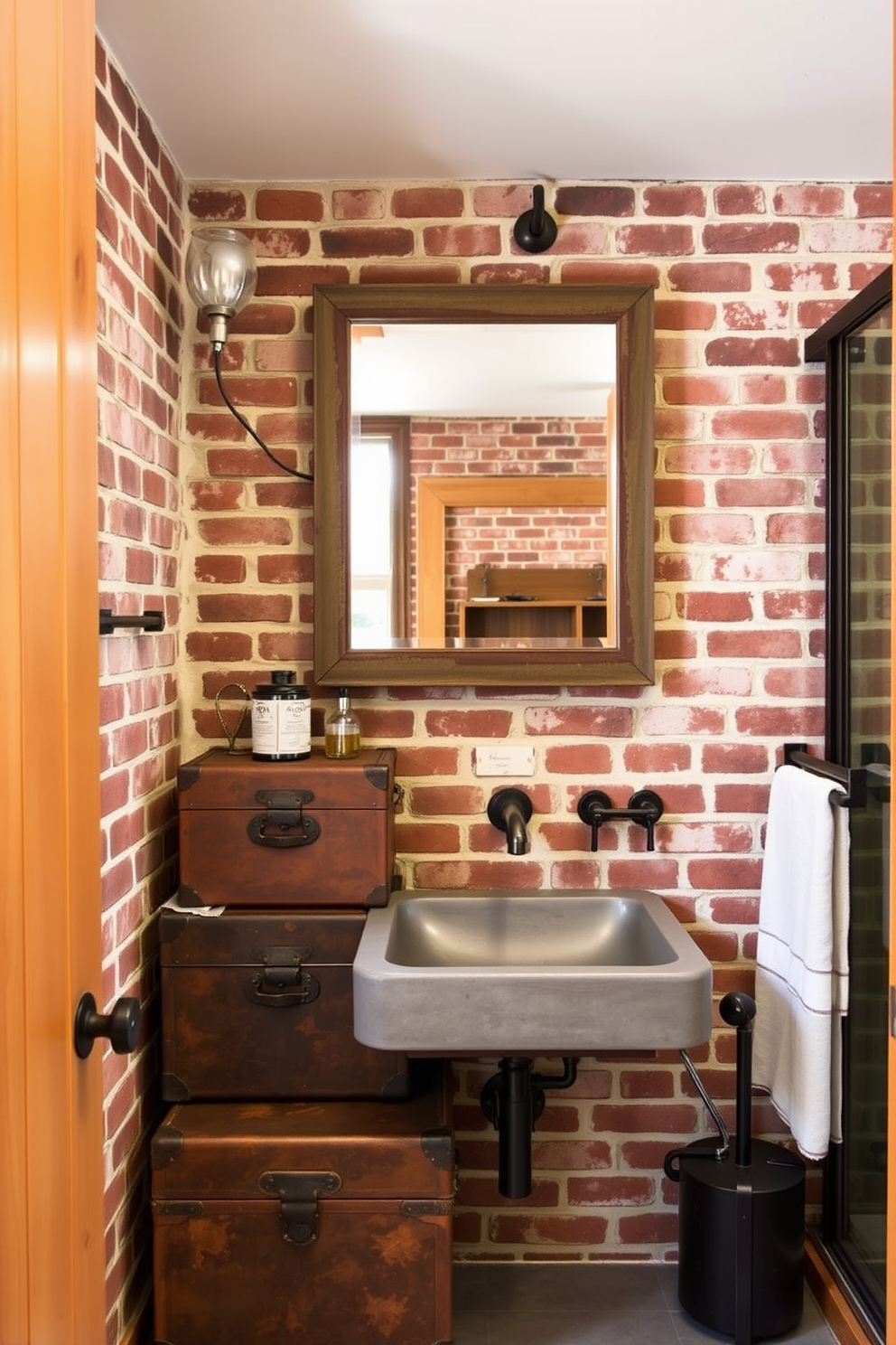 Vintage storage trunks add a charming touch to an industrial bathroom. The trunks are placed strategically to serve as both storage and decorative elements, complementing the raw materials used in the design. The bathroom features exposed brick walls and metal fixtures, creating a rugged yet stylish atmosphere. A large mirror with a distressed frame hangs above a sleek concrete sink, enhancing the industrial vibe.