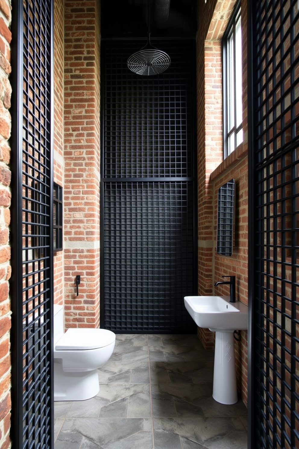 A striking industrial bathroom featuring metal grates that serve both ventilation and aesthetic appeal. The walls are adorned with exposed brick, and the flooring is a polished concrete that complements the overall theme.