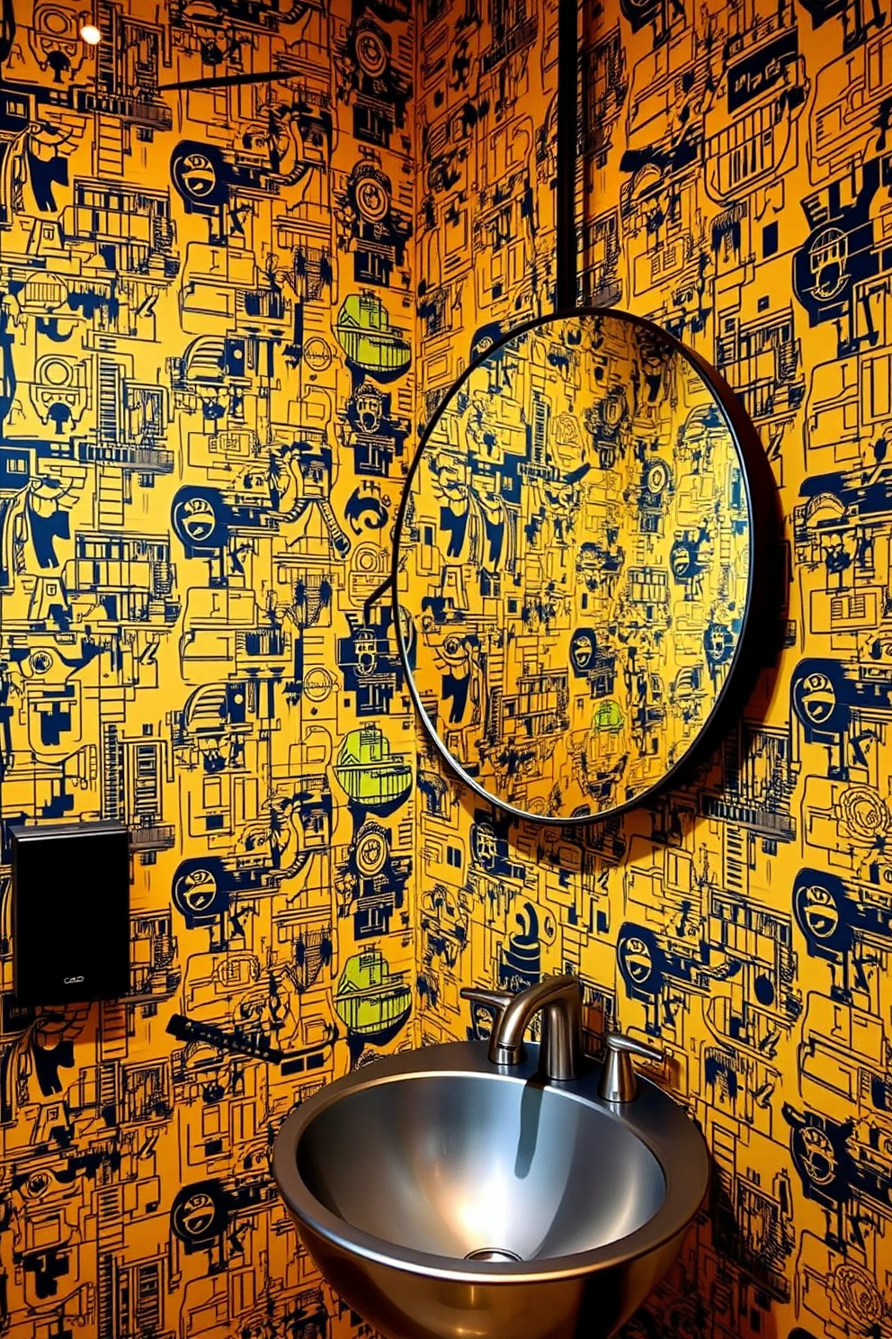 A striking industrial bathroom design featuring bold wallpaper adorned with intricate industrial motifs. The space includes a sleek metal sink with exposed plumbing and a large round mirror that reflects the unique wallpaper pattern.