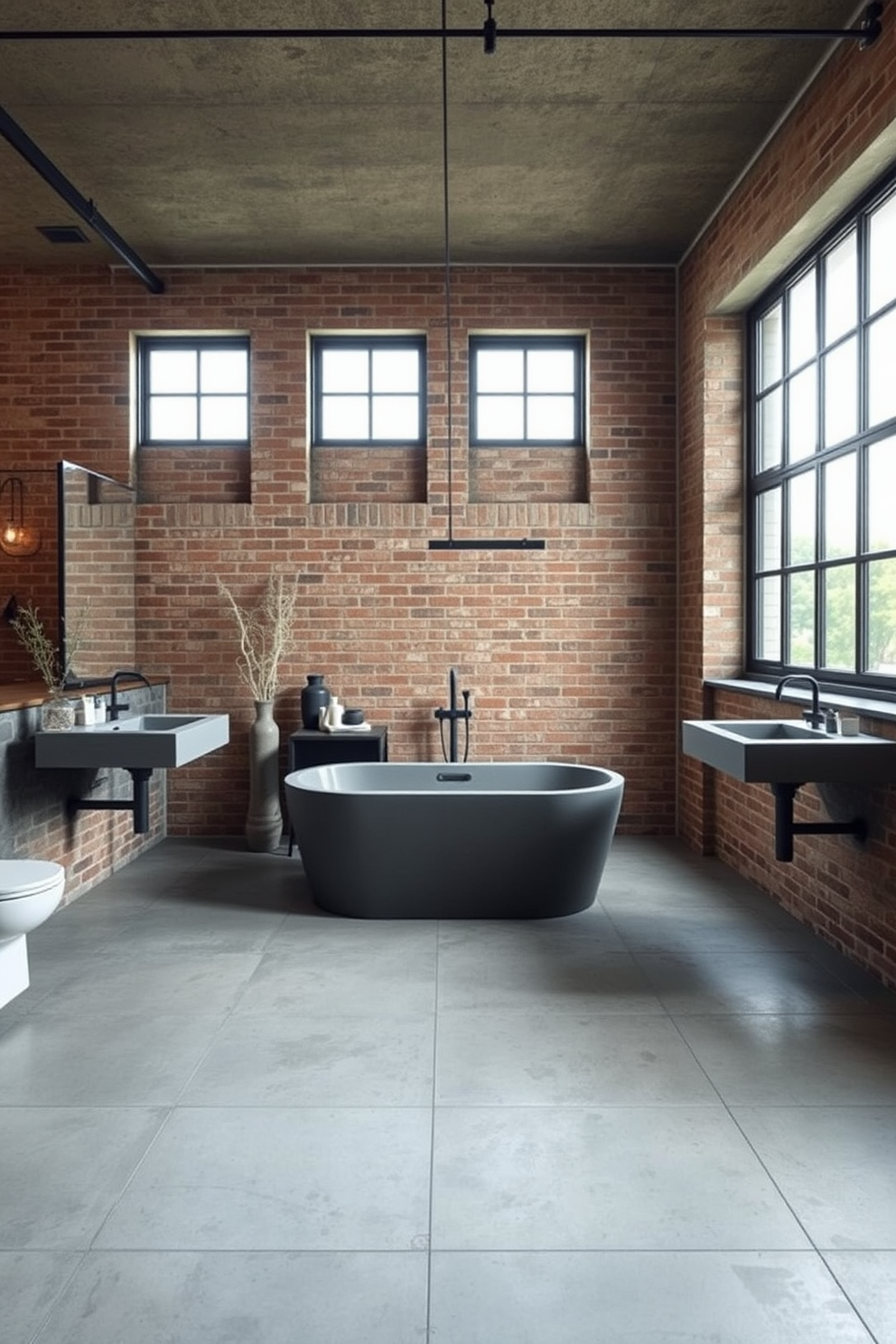 A striking industrial bathroom featuring concrete sinks that add a modern edge to the space. The walls are adorned with exposed brick and the floor showcases large concrete tiles, creating a cohesive industrial aesthetic. A freestanding bathtub sits in the center, surrounded by minimalist decor and metal fixtures. Large windows flood the room with natural light, enhancing the raw beauty of the materials used.