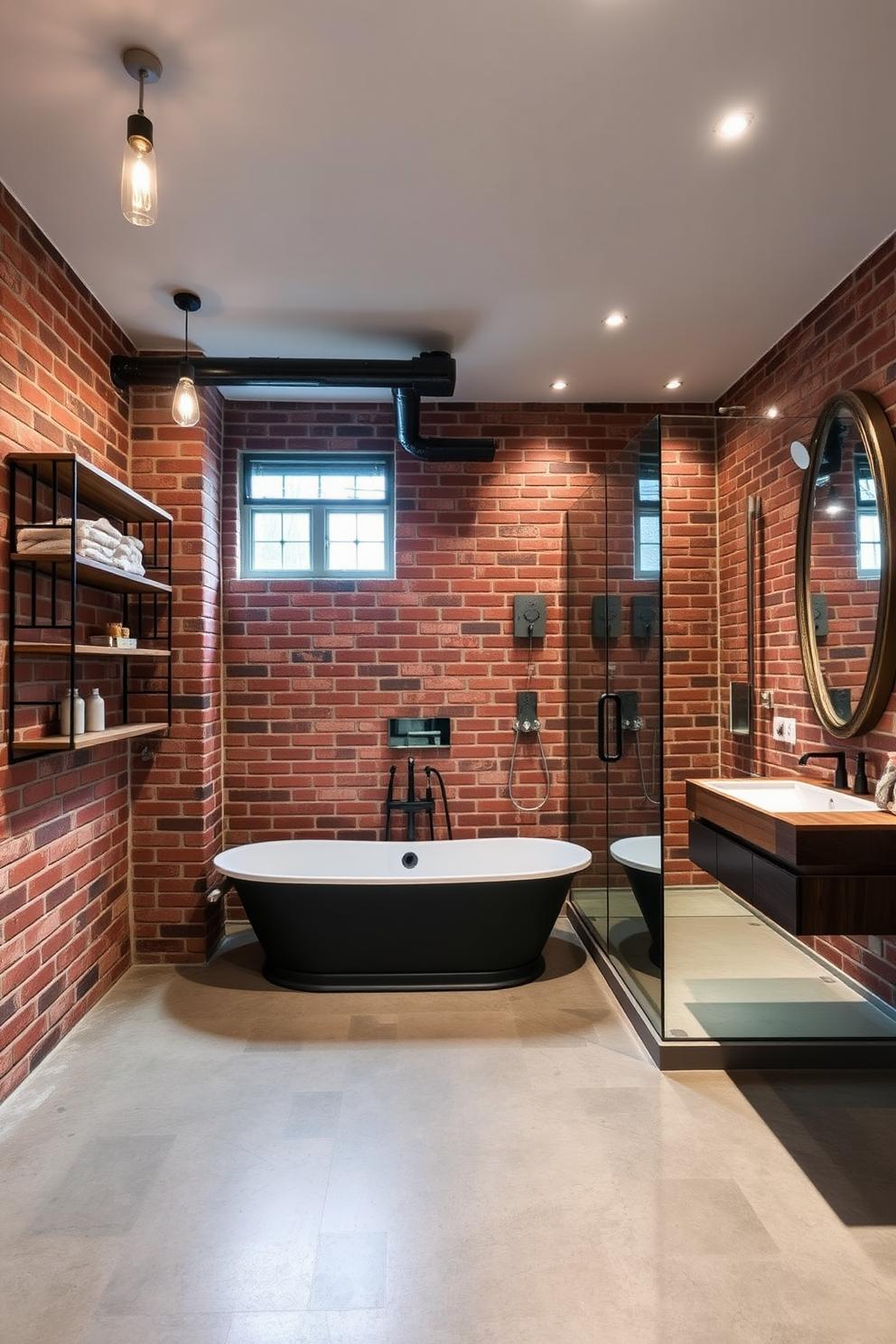 A stylish industrial bathroom featuring exposed brick walls and polished concrete floors. The space is illuminated by layered lighting including pendant lights, wall sconces, and recessed ceiling fixtures to create a warm and inviting atmosphere. The bathroom includes a freestanding bathtub with a matte black faucet and a spacious walk-in shower with glass doors. Accents of metal and wood are incorporated through open shelving and a vintage-style mirror to enhance the industrial aesthetic.