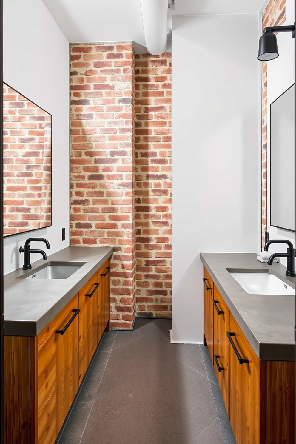 A modern industrial bathroom featuring exposed metal pipes and fixtures that create a sleek and urban aesthetic. The walls are finished in a raw concrete texture, complemented by a freestanding bathtub with a matte black faucet. The vanity is made of reclaimed wood with a polished metal sink, adding a touch of warmth to the industrial theme. Large, frameless mirrors reflect the natural light coming from a nearby window, enhancing the space's openness.