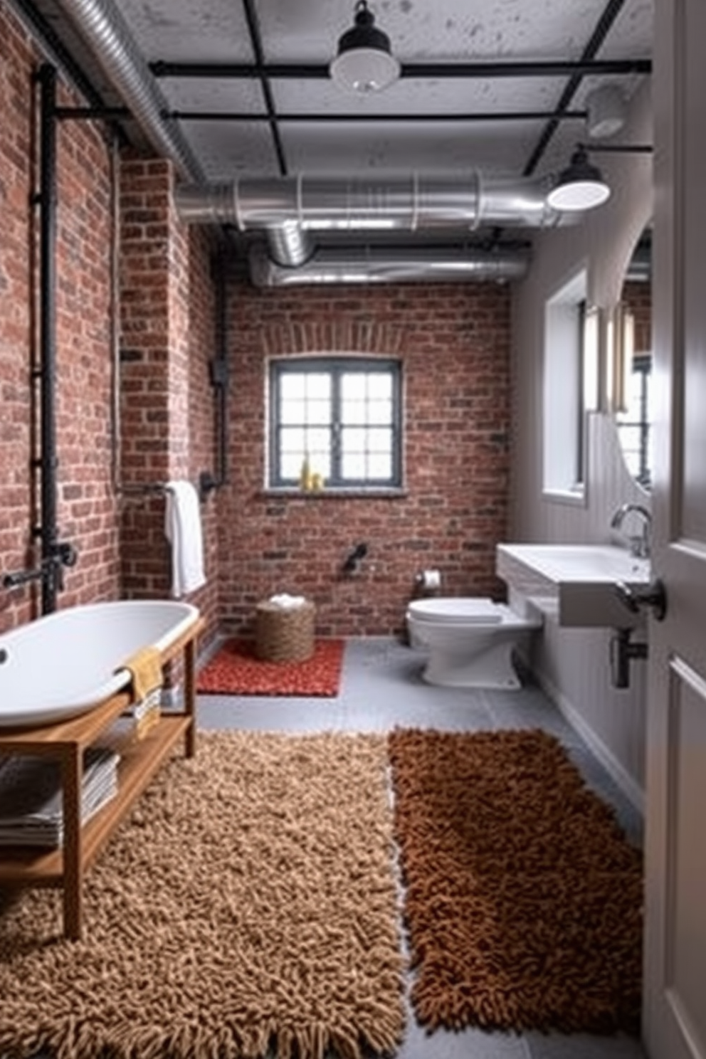 Textured rugs in warm tones create a cozy atmosphere in an industrial bathroom. The space features exposed brick walls and metal fixtures, complemented by a large, plush rug that adds softness underfoot.