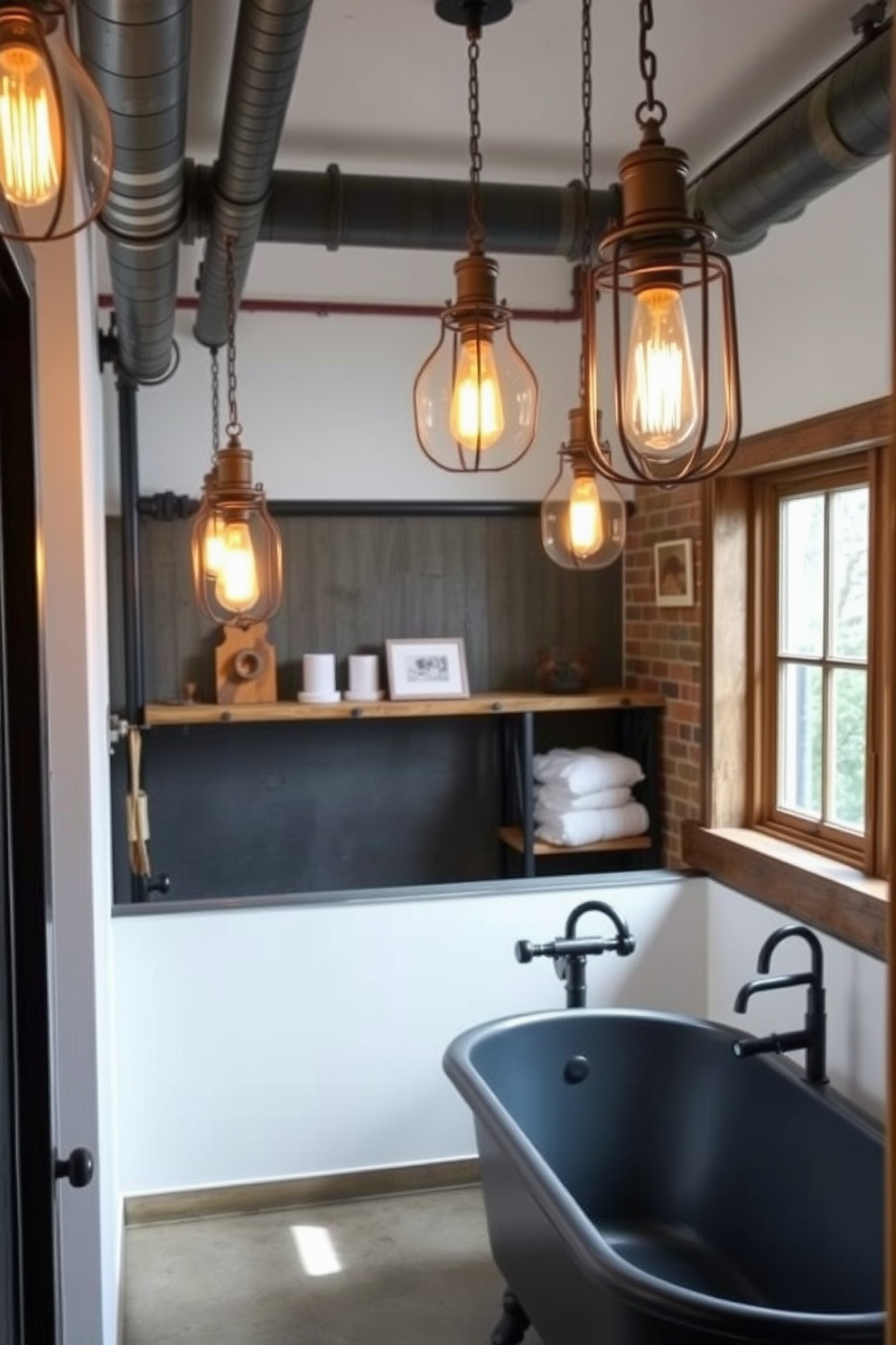 Vintage light fixtures create an inviting ambiance with their warm glow and intricate designs. The industrial bathroom features exposed pipes and a mix of metal and wood elements, enhancing the overall aesthetic. The space includes a freestanding bathtub with a matte black finish and a reclaimed wood shelf for towels. A large window allows natural light to flood in, highlighting the rustic charm of the vintage fixtures.