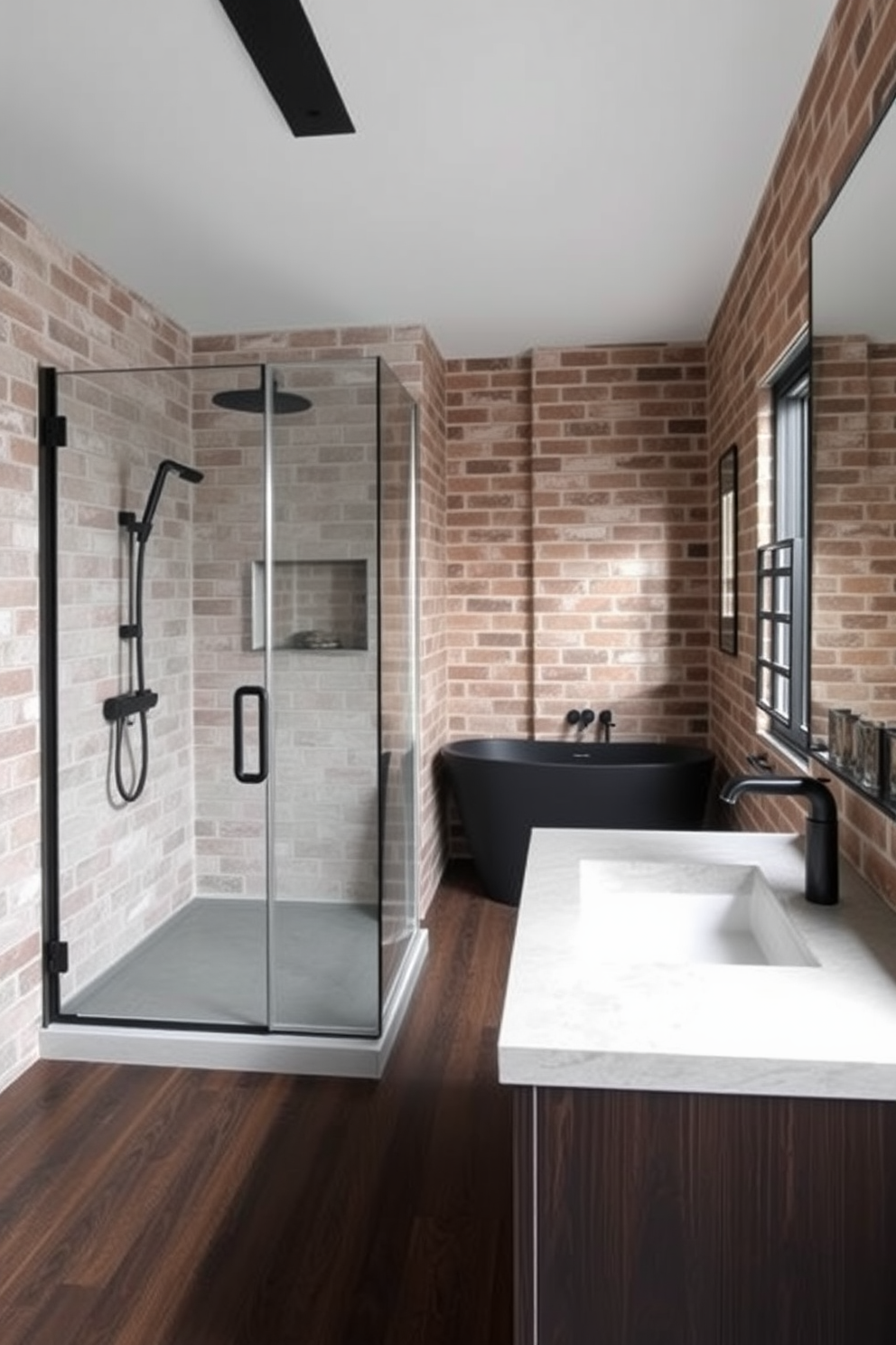 A contemporary bathroom featuring black metal fixtures that enhance the sleek aesthetics. The space includes a spacious walk-in shower with a frameless glass door and a rainfall showerhead, complemented by a black freestanding tub. The walls are adorned with exposed brick, adding an industrial touch to the design. A floating vanity with a concrete countertop showcases minimalist storage solutions, while dark wood accents warm the overall ambiance.