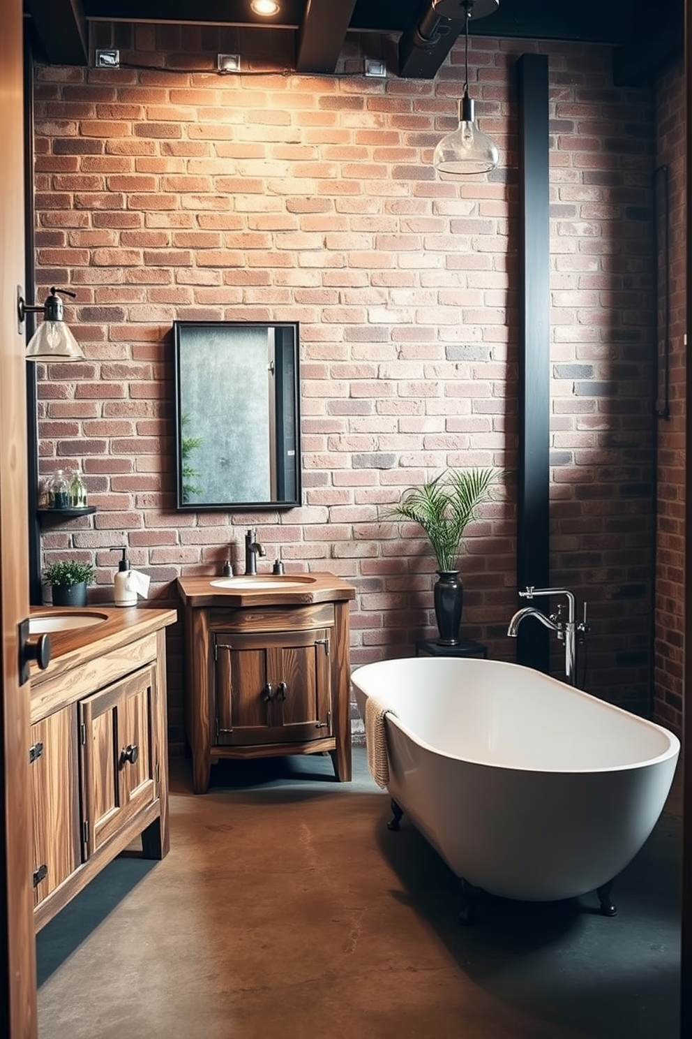 A serene bathroom space featuring a neutral color palette that promotes a calming atmosphere. The walls are painted in soft beige tones, complemented by a sleek concrete floor and minimalist fixtures. Incorporate industrial elements such as exposed pipes and a metal-framed shower enclosure. A wooden bench adds warmth, while large windows allow natural light to flood the room, enhancing the tranquil ambiance.