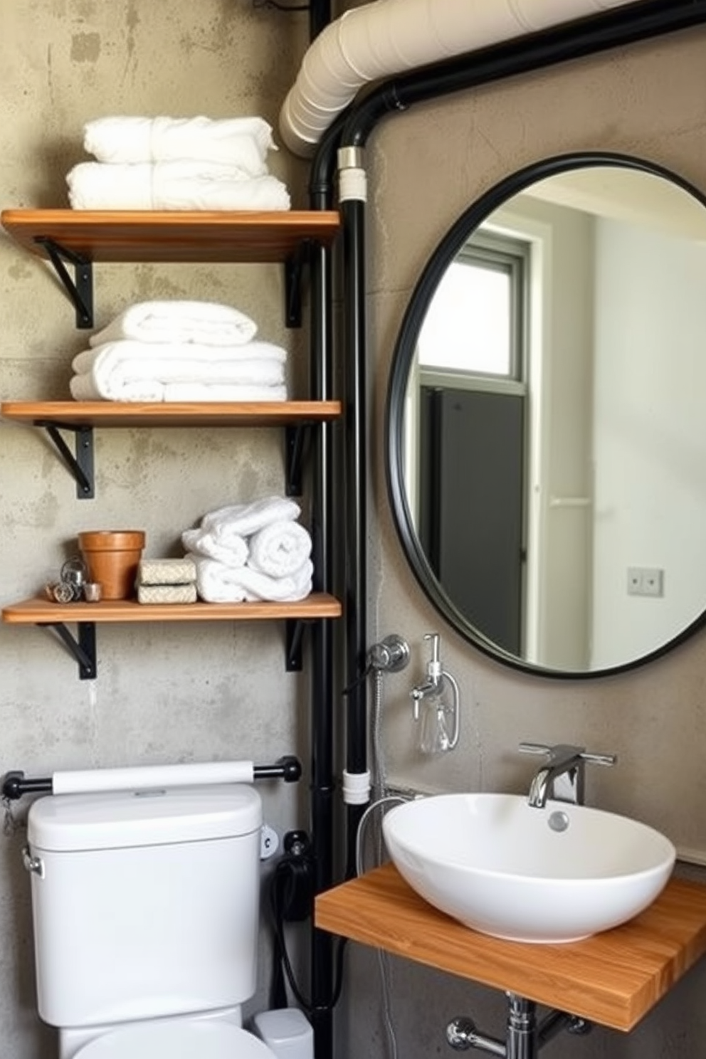 A modern industrial bathroom featuring cement flooring with a sleek finish. The space includes exposed brick walls and a freestanding bathtub complemented by a black metal frame.