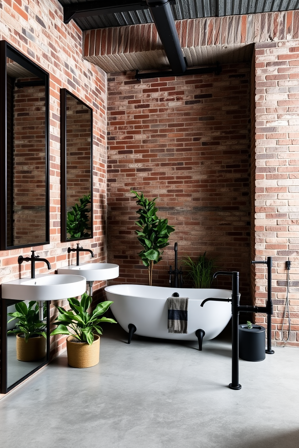 An industrial bathroom design featuring exposed brick walls and concrete flooring. The space is illuminated by industrial lighting with Edison bulbs hanging from the ceiling, creating a warm and inviting atmosphere. The centerpiece is a freestanding bathtub with a matte black finish, complemented by a vintage-style faucet. A large mirror with a metal frame is mounted above a reclaimed wood vanity, adding character to the overall design.