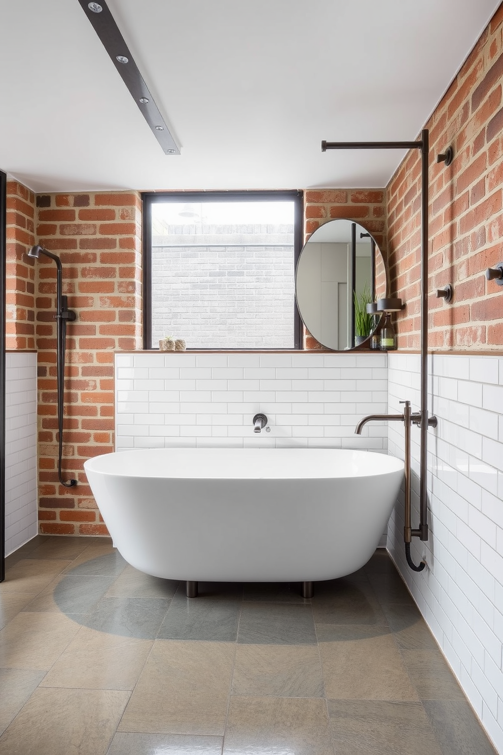 A luxurious industrial bathroom features a freestanding tub positioned under a large window with black metal frames. The walls are exposed brick, complemented by a concrete floor and sleek black fixtures. The tub is surrounded by minimalist decor, including a wooden stool and a collection of candles. A large mirror with a distressed metal frame hangs above a rustic vanity, enhancing the industrial aesthetic.